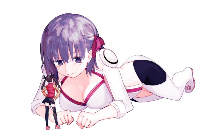 2girls, bad_id, bad_twitter_id, black_hair, black_legwear, bodysuit, capsule_servant, cleavage_cutout, clothing_cutout, fate_(series), giant, giantess, hair_ribbon, highres, lying, matou_sakura, multiple_girls, on_stomach, purple_hair, ribbon, simple_background, skirt, tearing_up, thighhighs, tohsaka_rin, tohsaka_rin_(capsule_servant), twintails, vest, white_background