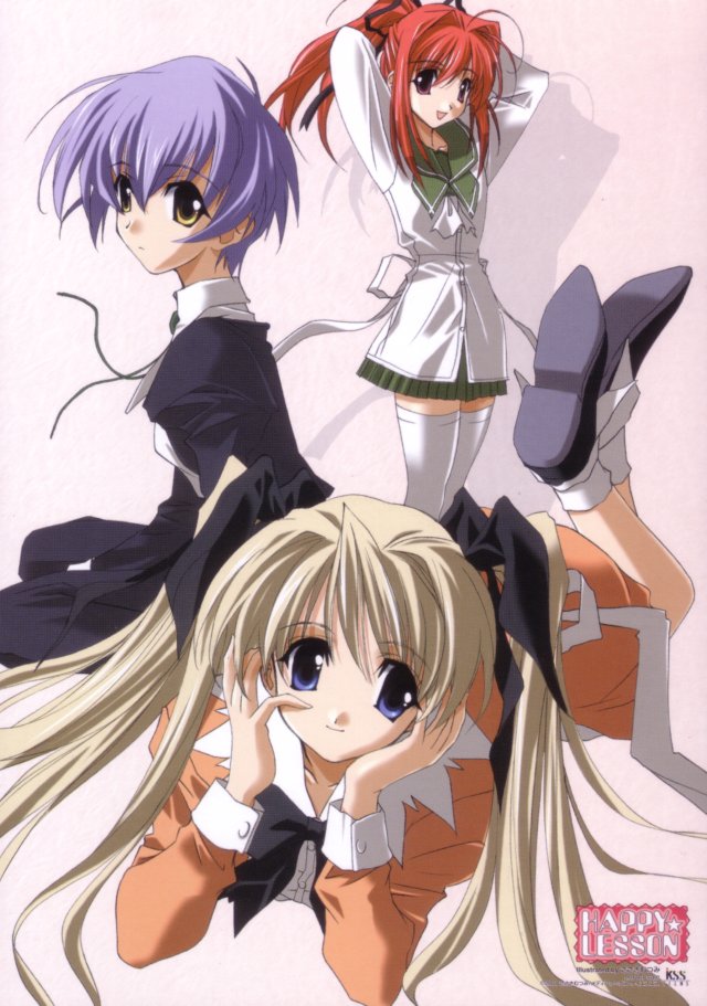 00s, blonde_hair, blue_eyes, brown_eyes, happy_lesson, ninomai_kisaragi, ponytail, purple_hair