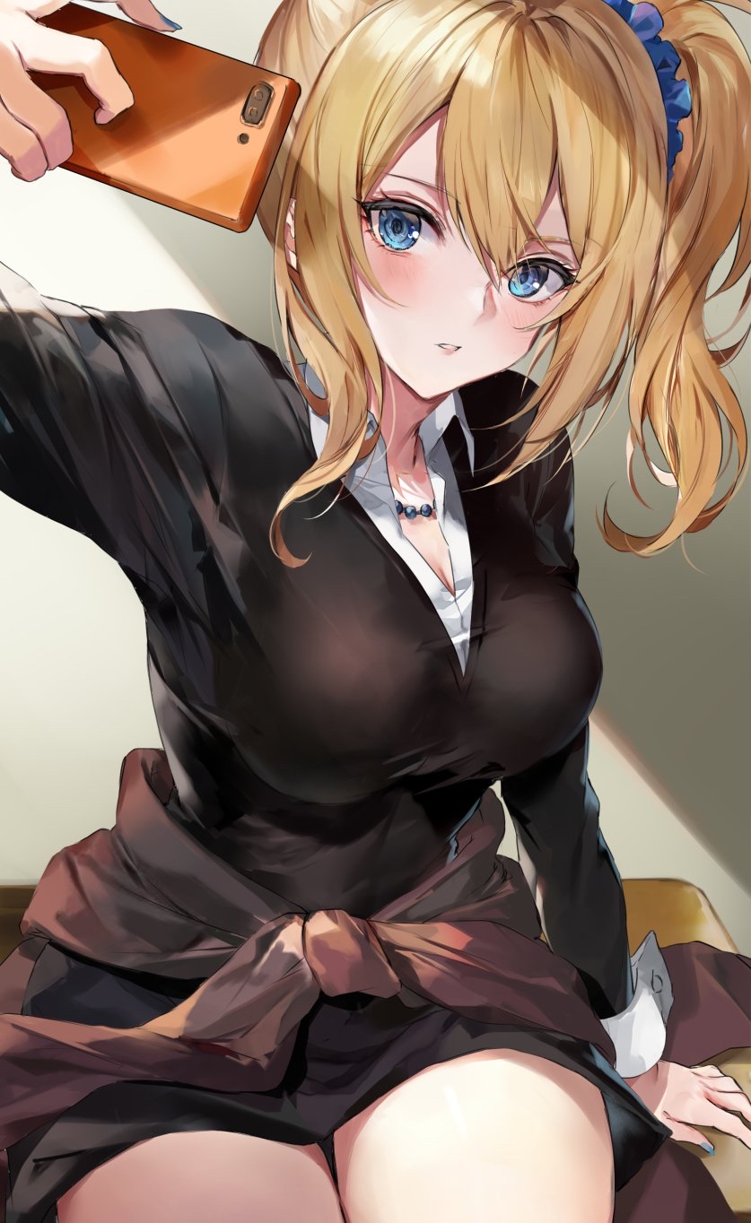 1girl, blonde_hair, blouse, blue_eyes, blue_nails, blue_scrunchie, blush, breasts