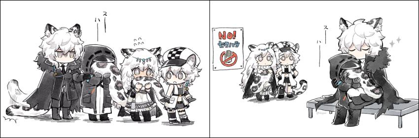 1boy, 1other, 2girls, absurdres, ambiguous_gender, animal_ears, arknights, baby_carry