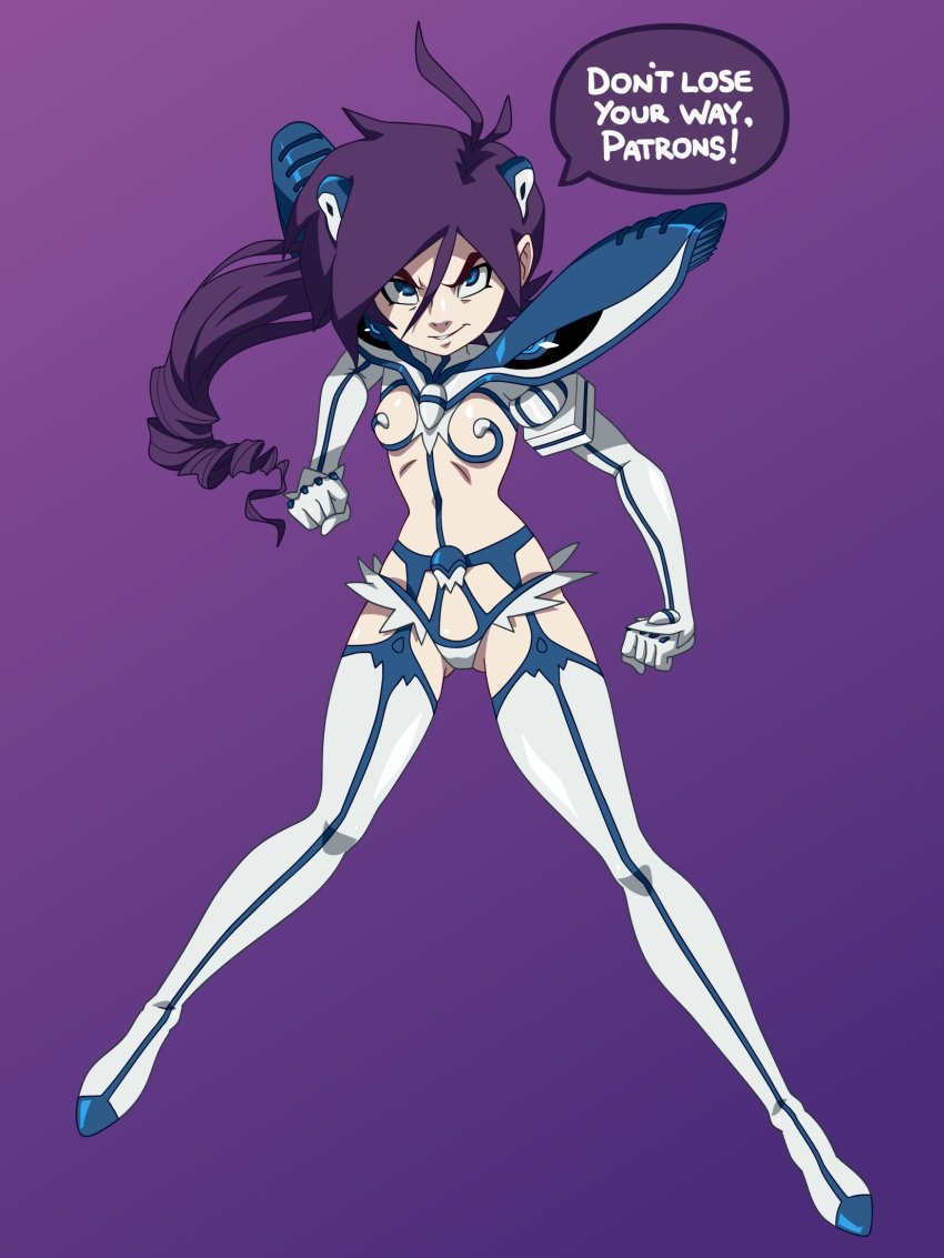 blue_eyes, boots, breasts, cleavage, cosplay, drill_hair, gloves, high_heel_boots, high_heels, highres, junketsu, junketsu_(cosplay), kill_la_kill, long_hair, original, purple_hair, solo, thigh_boots, thighhighs, zone-tan