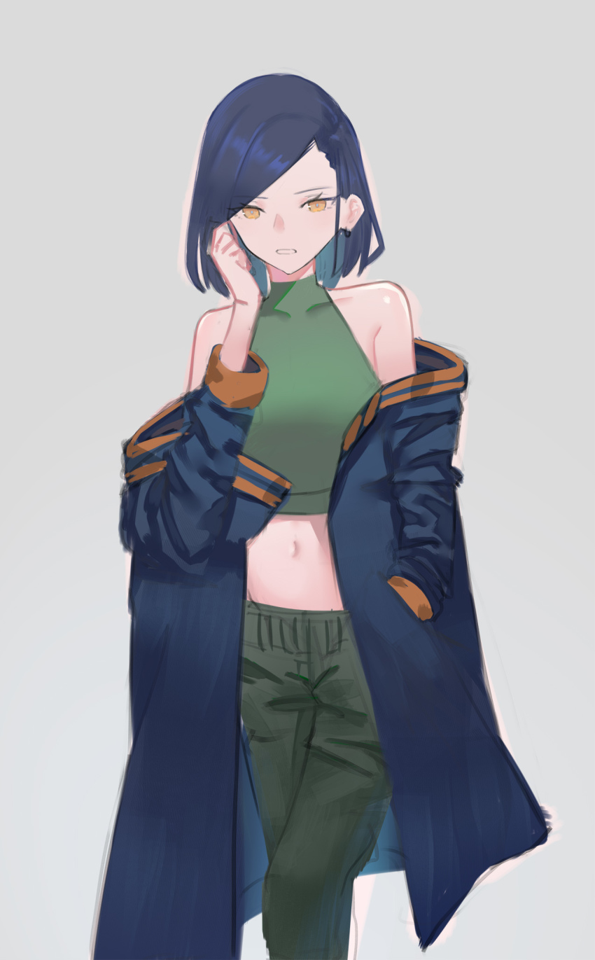 1girl, bad_id, bad_twitter_id, bare_shoulders, blue_hair, blue_jacket, bob_cut, breasts, collarbone, crop_top, earrings, female_focus, green_pants, green_shirt, grey_background, hand_in_pocket, hand_up, highres, jacket, jewelry, kyncen, long_sleeves, looking_at_viewer, midriff, navel, off_shoulder, open_clothes, open_jacket, original, pants, parted_bangs, parted_lips, shirt, short_hair, simple_background, sleeveless, sleeveless_shirt, solo, standing, stomach, swept_bangs, yellow_eyes