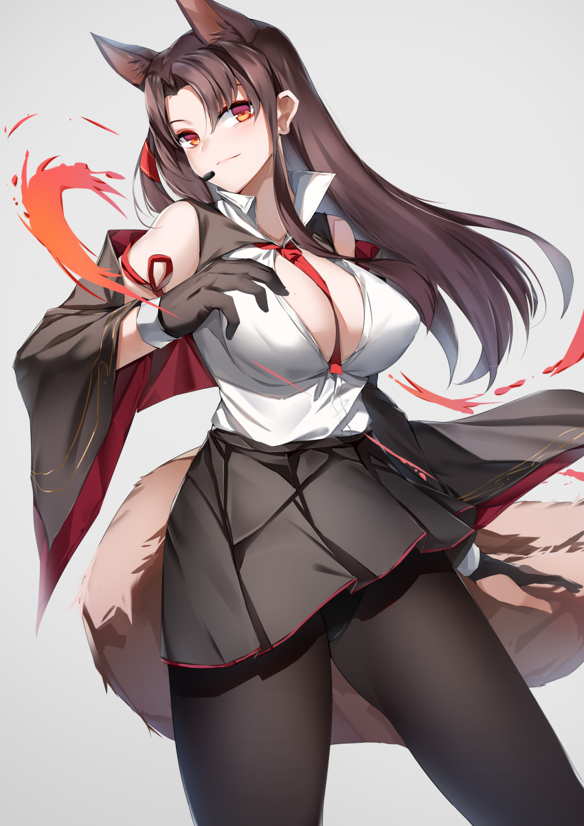 1girl, absurdres, akagi_(azur_lane), akagi_(muse)_(azur_lane), animal_ears, azur_lane, between_breasts, black_gloves