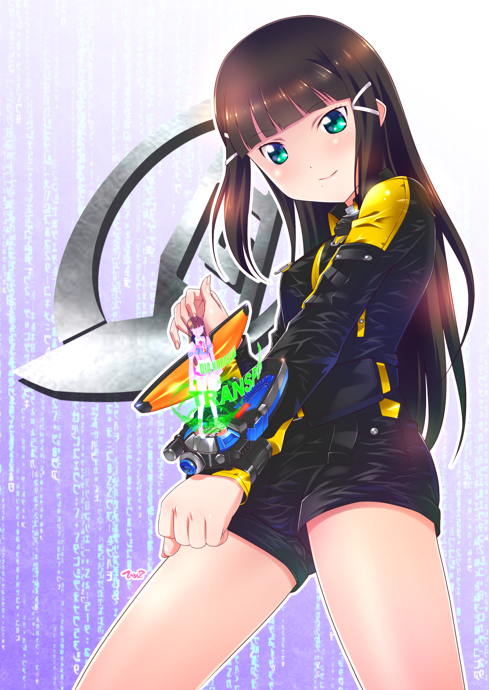 1girl, artist_name, belt, belt_pouch, blunt_bangs, bracer, brown_hair, character_name