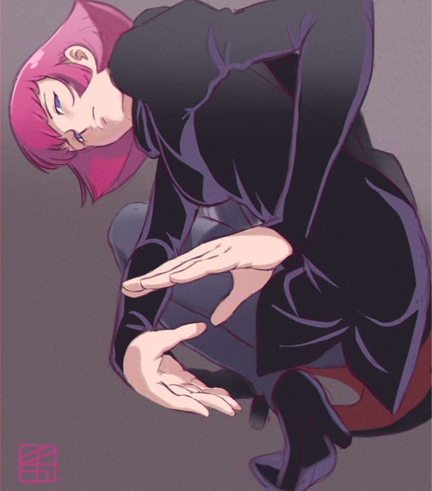 1girl, black_pants, black_shirt, blue_eyes, dutch_angle, expressionless, female_focus, grey_background