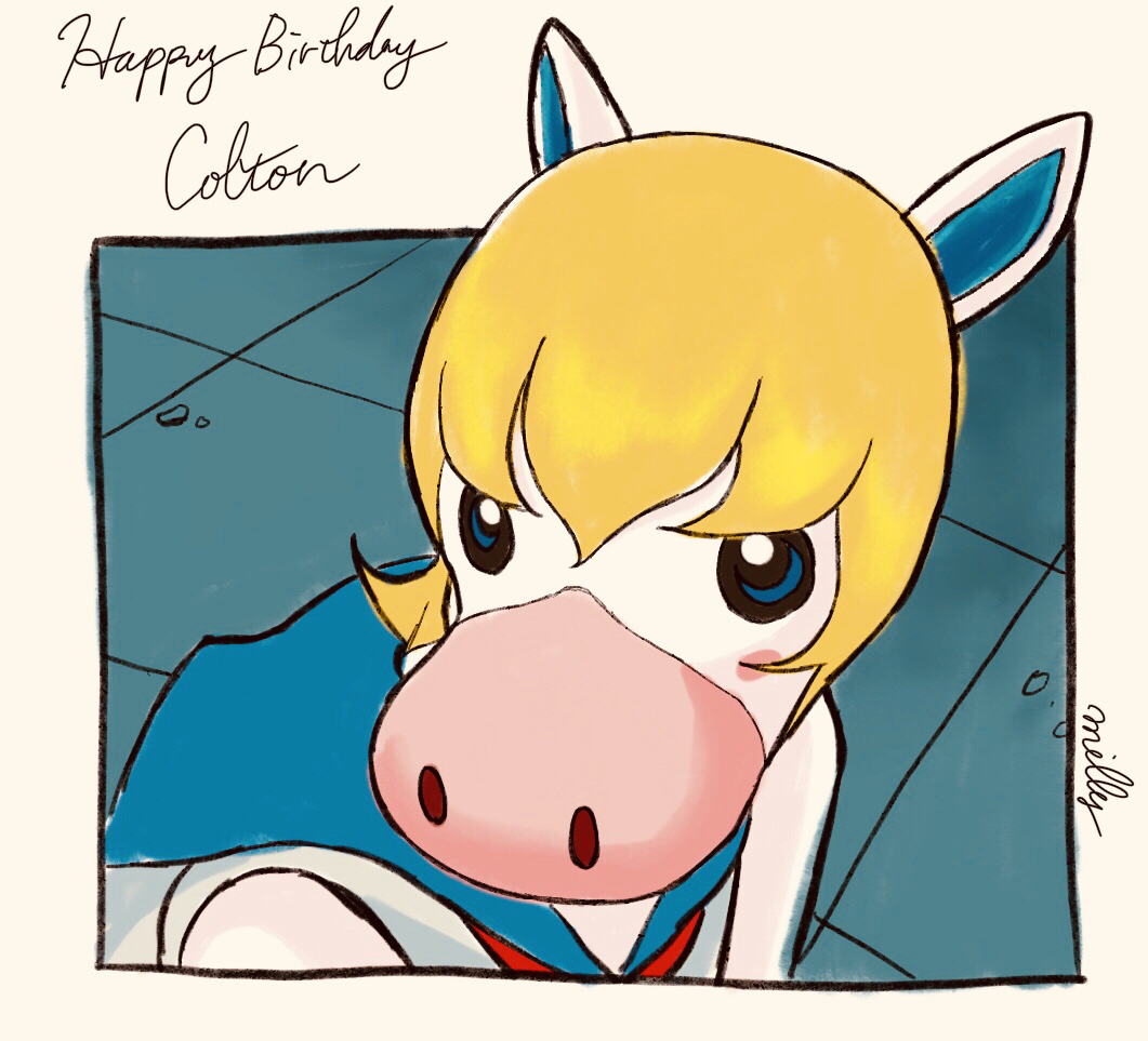 1boy, animal_crossing, animal_ears, artist_name, bishoujo_senshi_sailor_moon, bishoujo_senshi_sailor_moon_s, blonde_hair, blue_eyes, blue_sailor_collar, blush_stickers, character_name, colton_(animal_crossing), commentary_request, cosplay, derivative_work, hair_between_eyes, happy_birthday, horse, horse_ears, male_focus, meme, milly_(illst), nintendo, sailor_collar, sailor_moon, sailor_moon_(cosplay), sailor_moon_redraw_challenge_(meme), solo