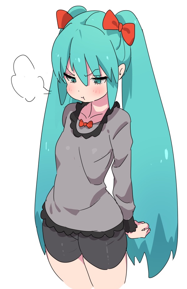 1girl, aqua_eyes, aqua_hair, arms_behind_back, bike_shorts, blush, bow, cowboy_shot