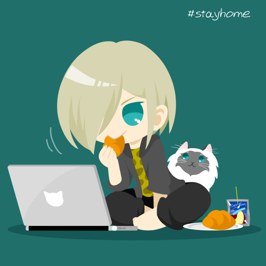 1boy, :>, animal_print, black_pants, blonde_hair, cat, computer, eating