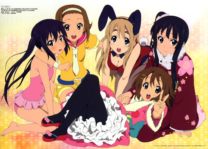 00s, 5girls, :d, absurdres, akitake_seiichi, akiyama_mio, animal_ears, barefoot, black_eyes, black_hair, blue_eyes, bow, bowtie, breasts, brown_eyes, brown_hair, casual_one-piece_swimsuit, cleavage, costume, eyebrows, fake_animal_ears, feet, flip-flops, furisode, fuwafuwa_time, hairband, headband, highres, hirasawa_yui, ho-kago_tea_time, japanese_clothes, k-on!, kimono, kotobuki_tsumugi, lingerie, long_hair, medium_breasts, megami_magazine, mod_fashion, multiple_girls, nakano_azusa, necktie, new_year, non-web_source, obi, official_art, one-piece_swimsuit, open_mouth, pantyhose, petticoat, pink_one-piece_swimsuit, playboy_bunny, rabbit_ears, sandals, sash, short_hair, short_kimono, short_yukata, side_ponytail, smile, swimsuit, tainaka_ritsu, thighhighs, tutu, twintails, underwear, v, very_long_hair, yukata