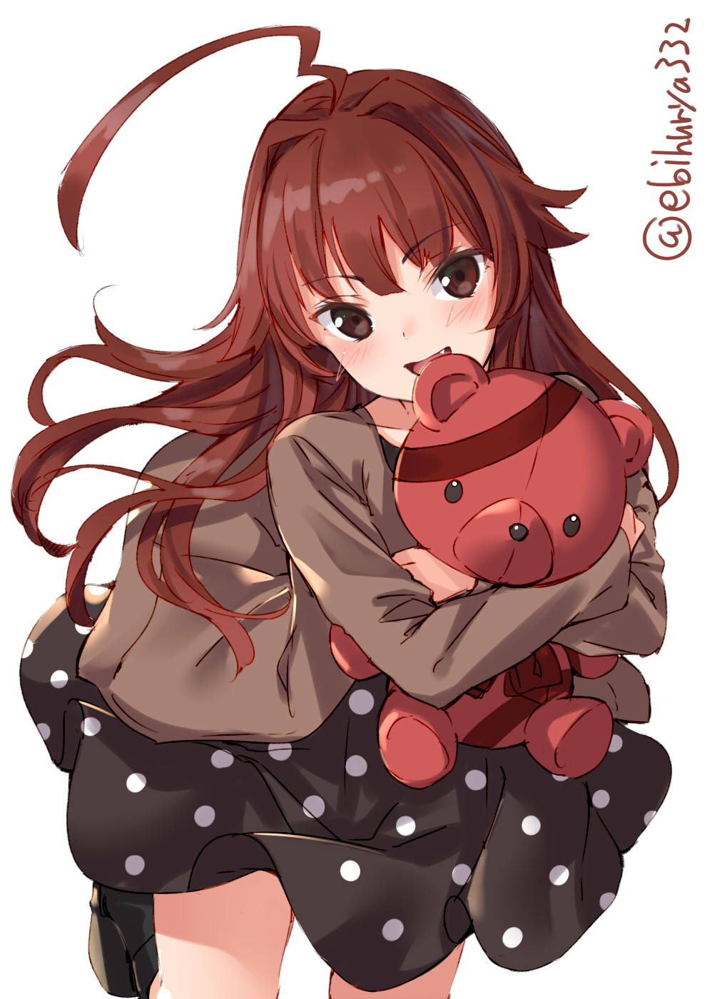 1girl, :d, ahoge, black_dress, blush, dress, ebifurya, fang