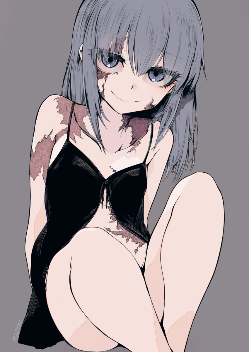 1girl, arms_behind_back, artist_name, babydoll, bare_arms, bare_legs, bare_shoulders, burn_scar, closed_mouth, collarbone, commentary_request, dorei_to_no_seikatsu_~teaching_feeling~, eyes_visible_through_hair, female_focus, flat_chest, highres, long_hair, looking_at_viewer, purple_eyes, purple_hair, scar, sidelocks, simple_background, sitting, smile, solo, susumu, sylvie_(dorei_to_no_seikatsu), underwear, underwear_only