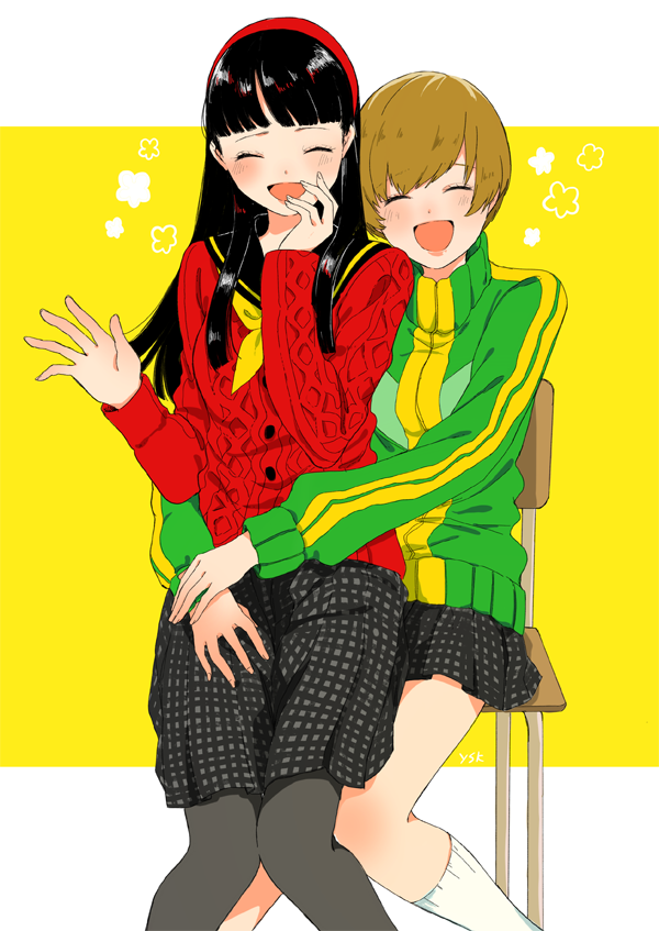 2girls, :d, amagi_yukiko, aran_sweater, bad_id, bad_pixiv_id, black_hair, black_sailor_collar