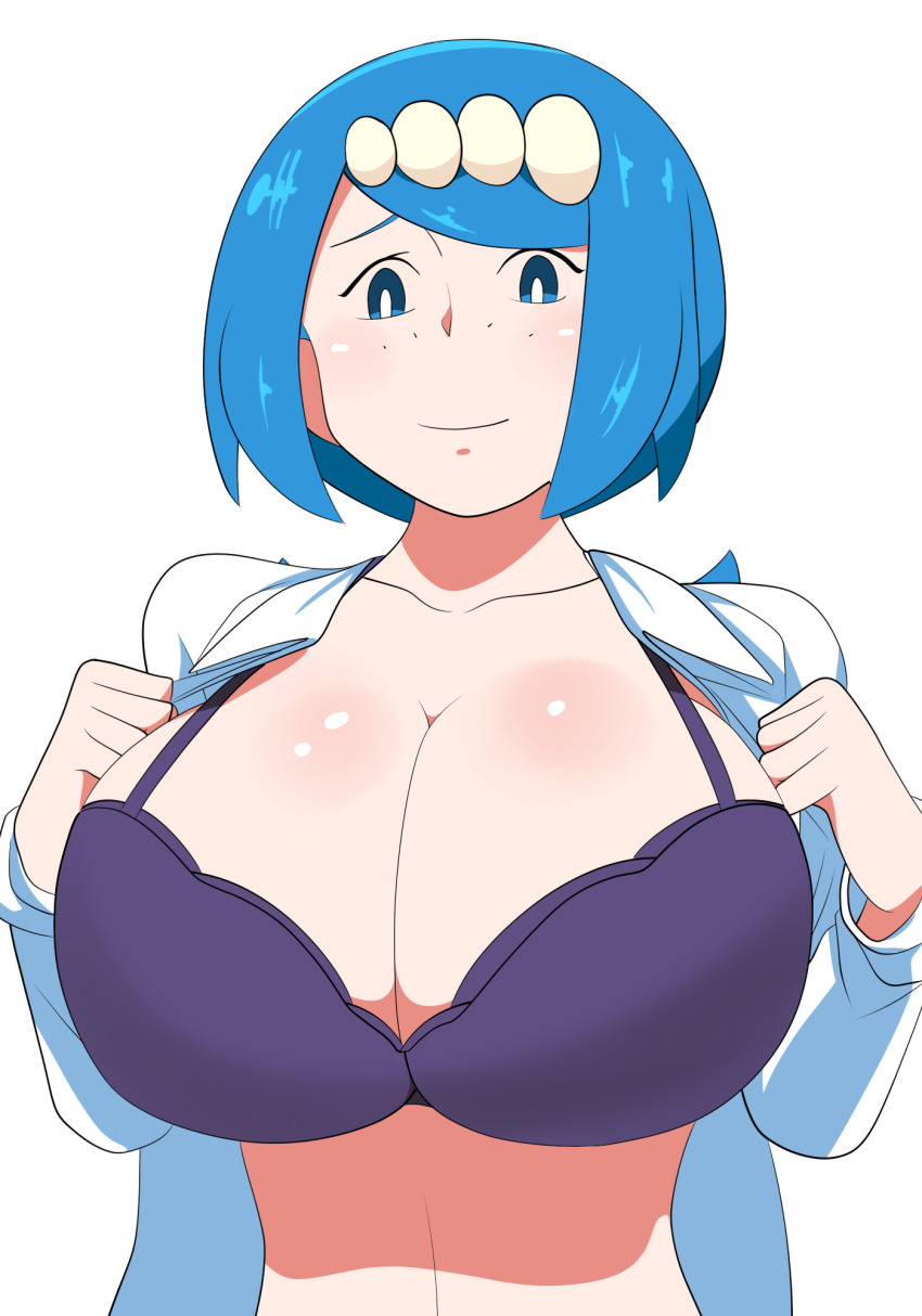 1girl, alternate_breast_size_(larger), blue_eyes, blue_hair, bra, breasts, chelsea_cola_v, female_focus, hair_ornament, highres, huge_breasts, korean_commentary, lana's_mother_(pokemon), looking_at_viewer, mature_female, nintendo, open_clothes, open_shirt, pokemon, pokemon_(anime), pokemon_the_series:_sun_&amp;_moon, purple_bra, short_hair, simple_background, smile, solo, underwear, white_background