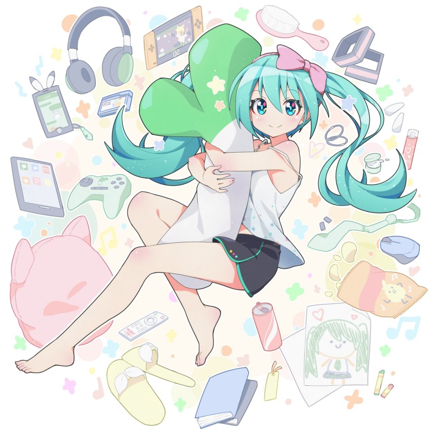 1girl, adapted_costume, bag_of_chips, bare_arms, bare_legs, bare_shoulders, barefoot, beamed_eighth_notes, black_shorts, blue_eyes, blue_hair, blue_necktie, blush, book, bookmark, bottle, bracelet, bubble, bubble_background, camisole, can, cassette_tape, cellphone, child's_drawing, chips_(food), circle, closed_mouth, colorful, computer_mouse, controller, cosmetics, crayon, dolphin_shorts, drawing, drink, drink_can, female_focus, fingernails, floating, floating_hair, floral_background, floral_print, food, food-themed_pillow, full_body, fuusen_neko, game_controller, hair_between_eyes, hair_brush, hair_ribbon, hairband, happy, hatsune_miku, headphones, heart, heart_background, highres, hug, hugging_object, jewelry, kagamine_len, knee_blush, long_hair, looking_at_viewer, lotion, multicolored_background, musical_note, musical_note_background, necktie, nintendo_switch, no_nose, outline, pajamas, paper, perfume_bottle, phone, pillow, pillow_hug, pink_hairband, pink_ribbon, polka_dot, polka_dot_background, potato_chips, quarter_note, remote_control, ribbon, shiny_skin, short_shorts, shorts, shoulder_blush, sidelocks, simple_background, slippers, smartphone, smile, snack, soda_can, solo, spaghetti_strap, sparkle, spring_onion, tablet_pc, toenails, twintails, vocaloid, white_background, white_camisole, white_outline