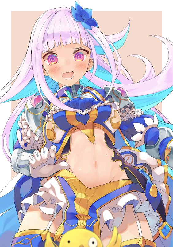 1girl, 1other, :d, @_@, armor, armored_dress, bird, blush