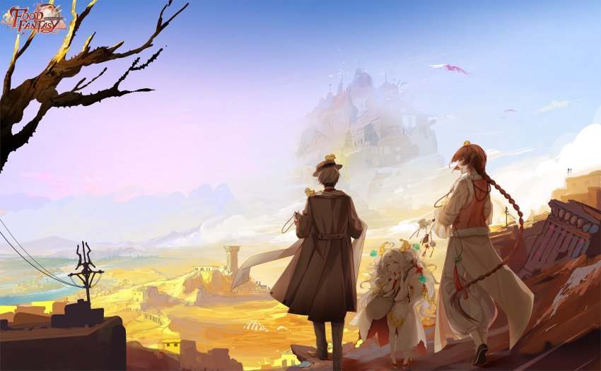 1girl, 2boys, animal, animal_on_head, bird, bird_on_head, black_hair, braid