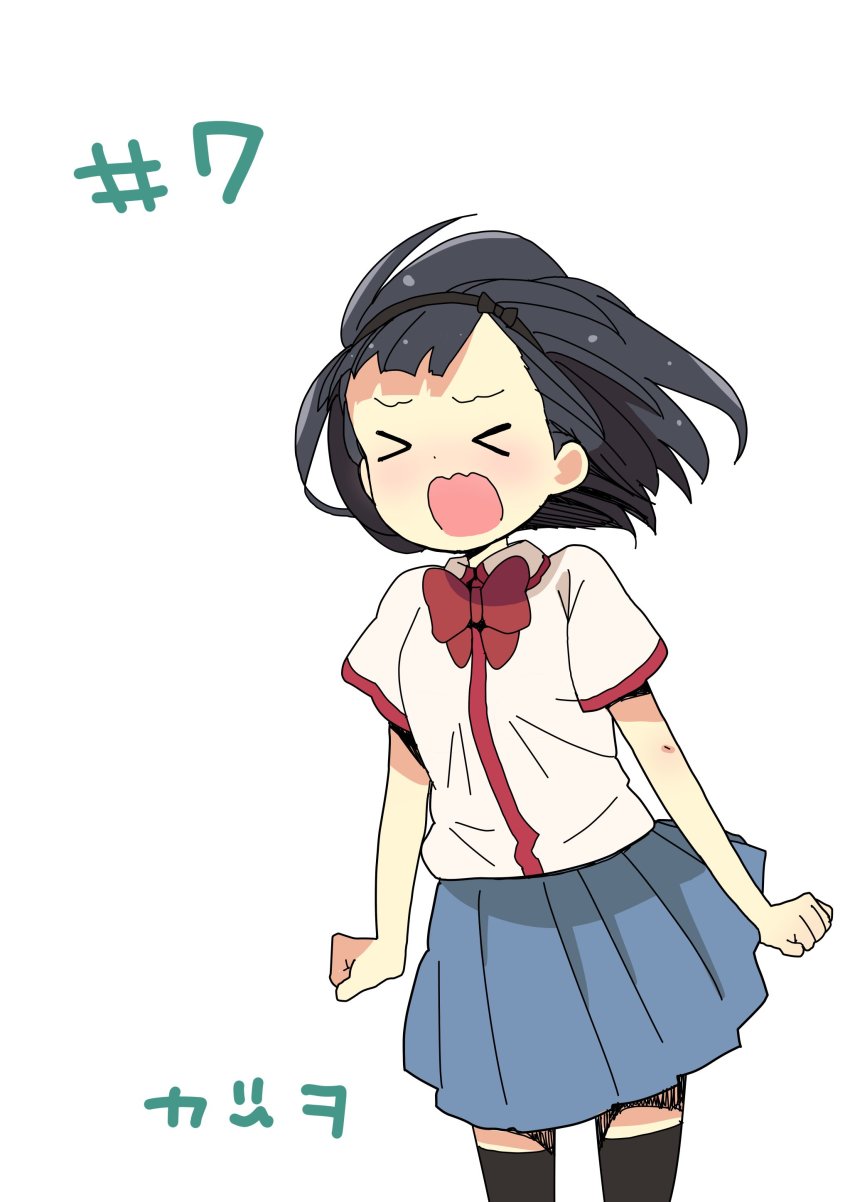 1girl, absurdres, black_hair, black_hairband, black_socks, bow, bow_hairband, closed_eyes