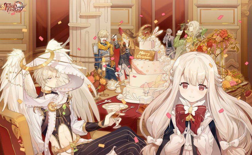 1girl, 5boys, absurdres, angel_wings, arrow_(projectile), blonde_hair, bouquet, bow, bullying, cake, candy_cane_(food_fantasy), cape, croissant_(food_fantasy), cup, feathered_wings, fish_and_chips_(food_fantasy), flower, food, food_fantasy, formal_clothes, glasses, gloves, halo, hat, high_collar, highres, long_hair, martini_(food_fantasy), military, military_uniform, muenchner_weisswurst_(food_fantasy), multiple_boys, orange_hair, pointy_ears, poncho, red_eyes, suit, table, teacup, tequila_(food_fantasy), white_hair, white_suit, white_wings, wings