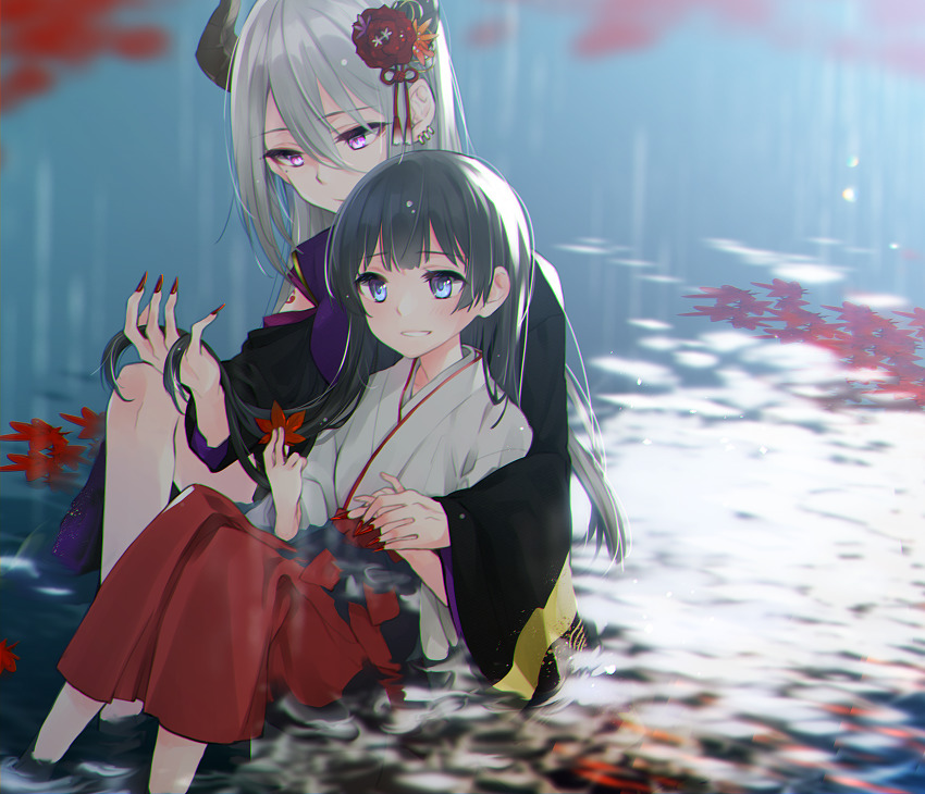 2girls, alternate_costume, black_hair, blue_eyes, grey_hair, hakama, hakama_skirt, highres