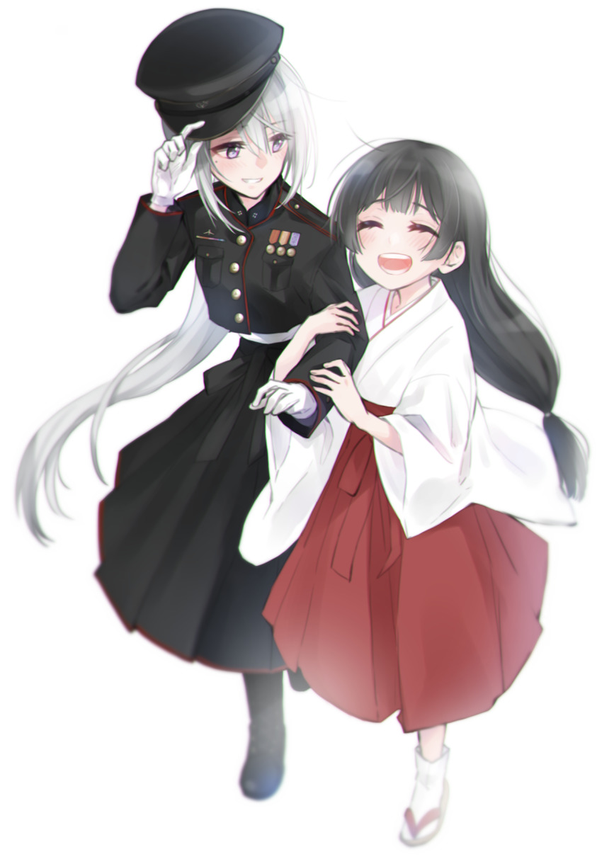 2girls, alternate_costume, black_hair, closed_eyes, full_body, hakama, hakama_skirt, highres