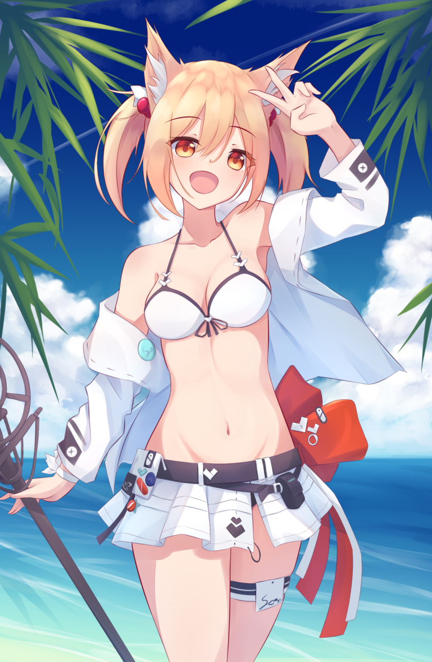 1girl, :d, animal_ears, arknights, arm_up, armpits, bare_shoulders, belt, bikini, blonde_hair, breasts, cleavage, cloud, contrail, cowboy_shot, day, female_focus, front-tie_bikini_top, front-tie_top, groin, hair_between_eyes, halterneck, highres, holding, jacket, long_hair, looking_at_viewer, medium_breasts, miniskirt, navel, ocean, off_shoulder, official_alternate_costume, open_clothes, open_jacket, open_mouth, orange_eyes, palm_leaf, skirt, sky, smile, solo, sora_(arknights), sora_(summer_flowers)_(arknights), standing, stomach, swimsuit, thigh_strap, thighs, trimbil, twintails, v, water, white_bikini, white_jacket, white_skirt, wolf_ears