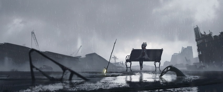 1girl, absurdres, asteroid_ill, bad_id, bad_twitter_id, bench, cloud, cloudy_sky