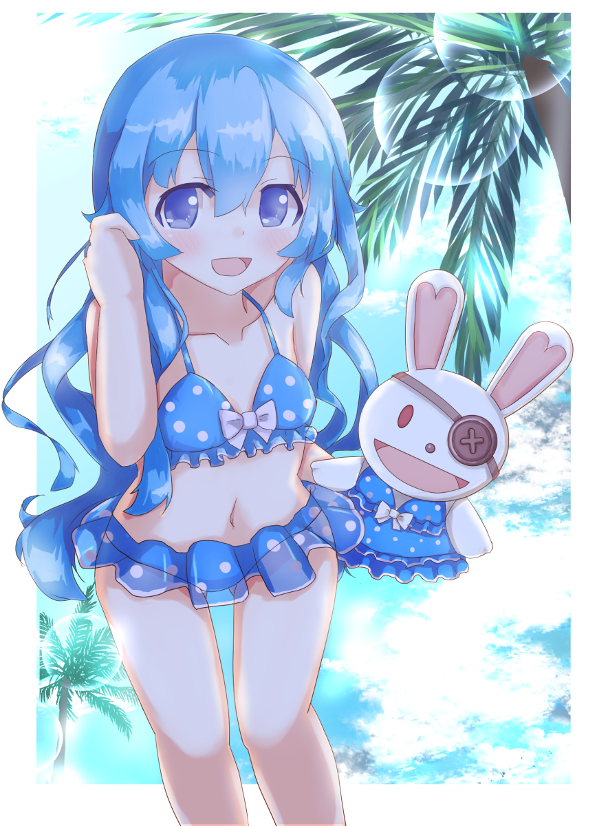 1girl, :d, bare_arms, bare_shoulders, bikini, blue_bikini, blue_eyes, blue_hair