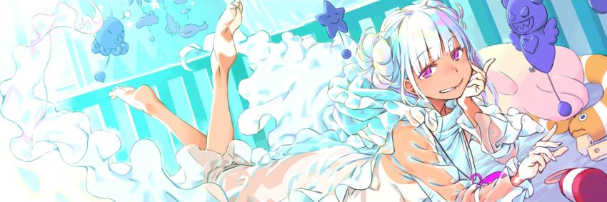 1girl, arm_support, barefoot, blunt_bangs, dark-skinned_female, dark_skin, double_bun, dress