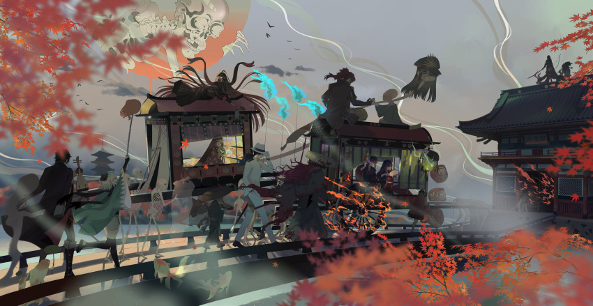 absurdres, architecture, autumn, autumn_leaves, axe, black_bow, black_coat, black_footwear