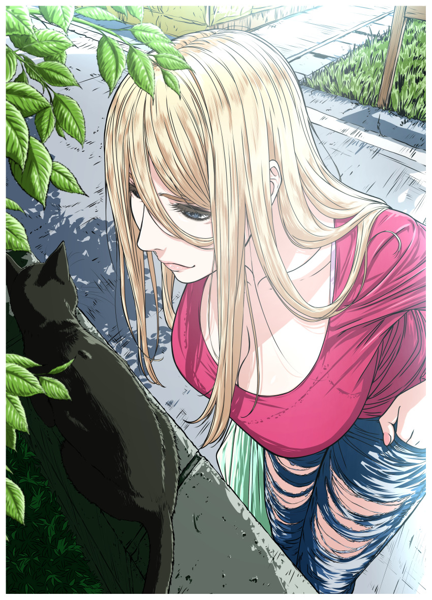 1girl, absurdres, avril_(kakitama), black_cat, blonde_hair, blue_eyes, blue_pants, border, breasts, cat, cleavage, closed_mouth, collarbone, commentary_request, day, denim, eyelashes, female_focus, fingernails, hair_between_eyes, half-closed_eyes, hand_in_pocket, highres, huge_filesize, jeans, kakitama, large_breasts, leaf, long_hair, long_sleeves, nail_polish, original, outdoors, pants, pink_lips, pink_nails, purple_shirt, shirt, smile, solo, torn_clothes, torn_jeans, torn_pants, white_border