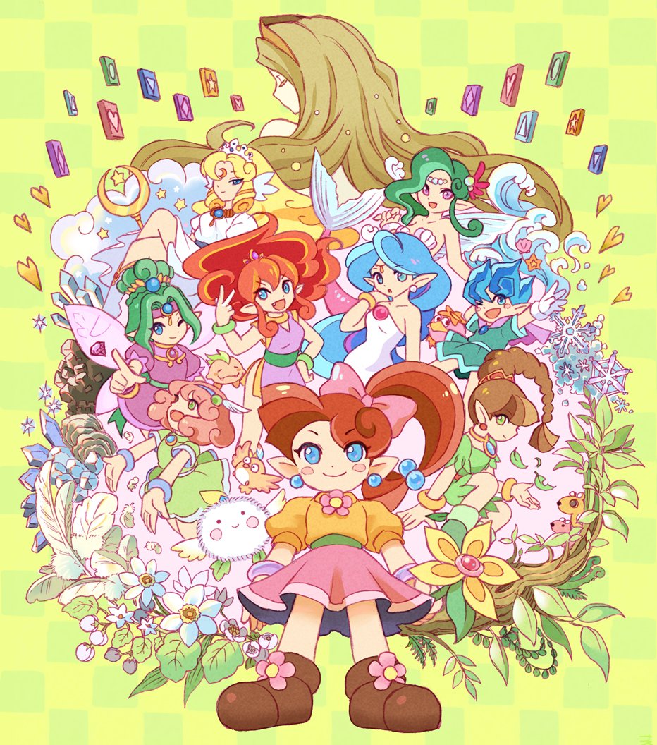 6+girls, :d, ankle_boots, arm_behind_head, arms_at_sides, asymmetrical_hair, bangle, belt