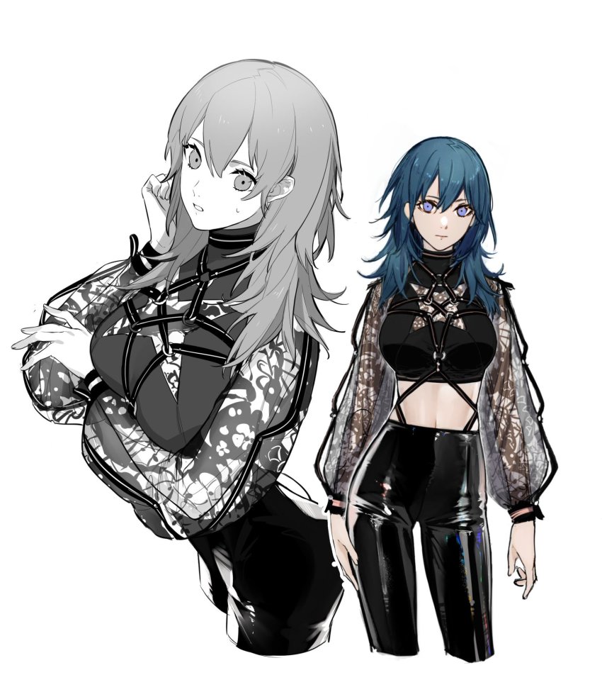 1girl, alternate_costume, black_pants, black_shirt, blouse, blue_eyes, blue_hair, breast_hold, breasts, female_byleth_(fire_emblem), closed_mouth, clovisxvii, commentary, contrapposto, cowboy_shot, crop_top, expressionless, fire_emblem, fire_emblem:_three_houses, greyscale, hair_between_eyes, highres, large_breasts, leather, leather_pants, lips, long_hair, long_sleeves, looking_at_viewer, midriff, monochrome, multiple_views, navel, nintendo, o-ring, o-ring_top, pants, partially_colored, see-through_clothes, see-through_sleeves, shiny_clothes, shirt, simple_background, strap, sweatdrop, turtleneck, white_background