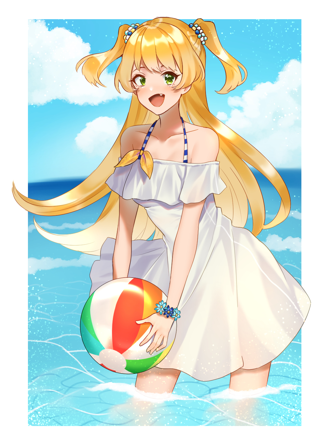 1girl, :d, alternate_costume, ball, bare_shoulders, beachball, beads, blonde_hair