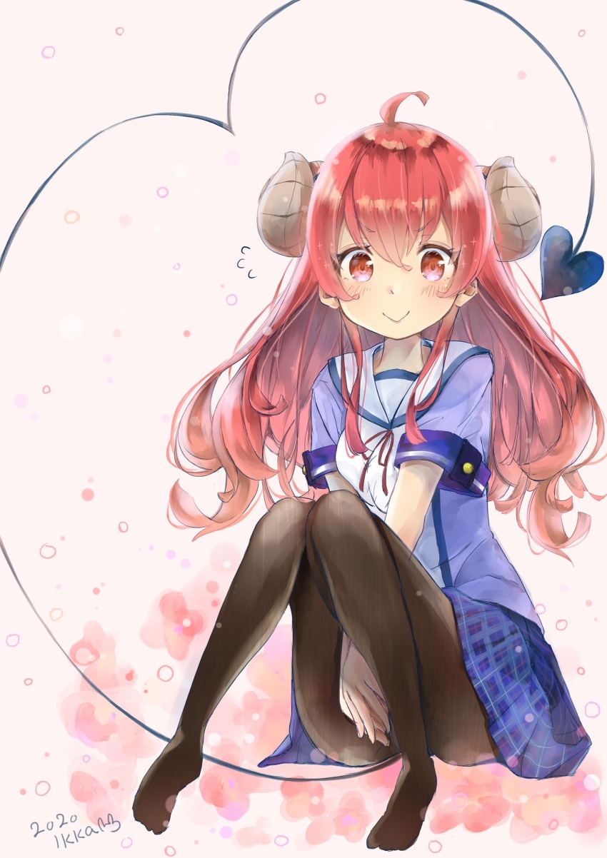 ahoge, blush, brown_hair, coffeeikka, curled_horns, demon_girl, demon_horns, demon_tail, highres, horns, long_hair, machikado_mazoku, pantyhose, pink_background, school_uniform, simple_background, solo, tail, yoshida_yuuko