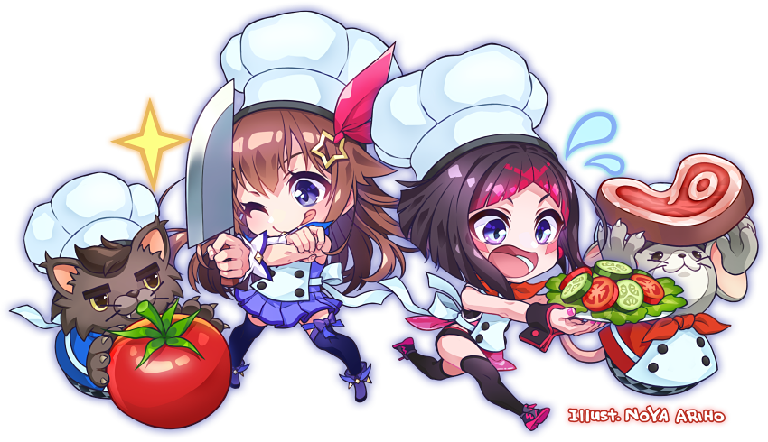 1girl, azki_(hololive), black_hair, brown_hair, chef_hat, chibi, cooking, food
