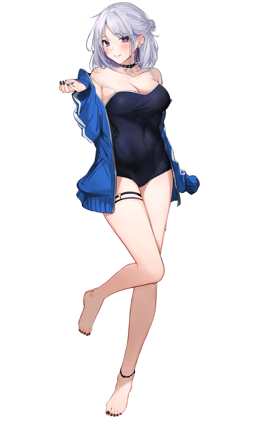1girl, absurdres, anklet, barefoot, black_choker, black_nails, blue_jacket, breasts, broken, broken_chain, chain, choker, cleavage, clothes_pull, earrings, eyes_visible_through_hair, female_focus, full_body, hair_bun, hand_under_clothes, heart, highres, jacket, jacket_pull, jewelry, large_breasts, looking_at_viewer, medium_hair, mole, mole_on_breast, nail_polish, one-piece_swimsuit, original, parted_bangs, parted_lips, paw_earrings, purple_eyes, silver_hair, simple_background, single_hair_bun, skindentation, smile, solo, standing, standing_on_one_leg, striped_clothes, striped_jacket, swimsuit, swimsuit_under_clothes, teeth, thigh_strap, toenail_polish, toenails, track_jacket, triangle_earrings, white_background, xretakex
