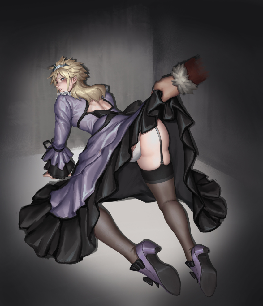 2boys, absurdres, all_fours, ass, black_dress, black_legwear, blue_eyes, clothes_lift, cloud_strife, cloud_strife_(ball_gown), commentary_request, crossdressing, crossdressing_(mtf), don_corneo, dress, dress_lift, final_fantasy, final_fantasy_vii, final_fantasy_vii_remake, frilled_dress, frills, from_behind, garter_straps, high_heels, highres, huge_filesize, legs, long_hair, looking_back, multicolored_dress, multiple_boys, out_of_frame, panties, pantyshot, parted_lips, purple_dress, purple_footwear, shadow, shoe_soles, sidelocks, skindentation, skyfiss, thighhighs, tiara, trap, underwear, wall_market, wide_sleeves