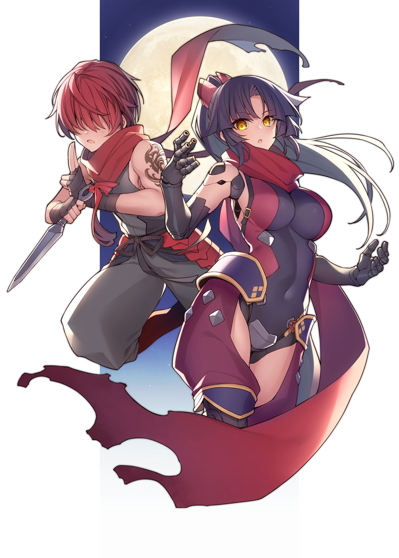 1boy, 1girl, android, black_hair, blush, breasts, covered_navel, fate/grand_order