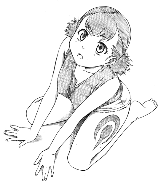 :o, barefoot, gakuen_sousei_nekoten!, greyscale, hasutani_kotori, iwahara_yuuji, kneeling, monochrome