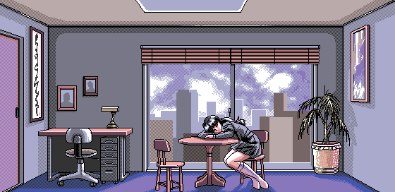 1990s_(style), 1girl, 4bpp, akiko_gold, aliasing, black_hair, building, ceiling, chair, city, cloud, day, desk, door, endou_maiko, flower_pot, full_body, game_cg, indoors, legs_together, long_hair, no_shoes, office_chair, omdpprs, pc98, plant, potted_plant, retro_artstyle, school_uniform, sky, socks, swivel_chair, table, window, window_blinds, yamamoto_masafumi