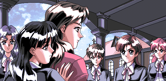 1990s_(style), 4bpp, 6+girls, akiko_gold, aliasing, brown_hair, character_request, cloud, day, endou_maiko, eye_contact, game_cg, kitahara_ayano, long_hair, looking_at_another, multiple_girls, pc98, retro_artstyle, school, school_uniform, sky, teacher, upper_body, yagami_akiko, yamamoto_masafumi