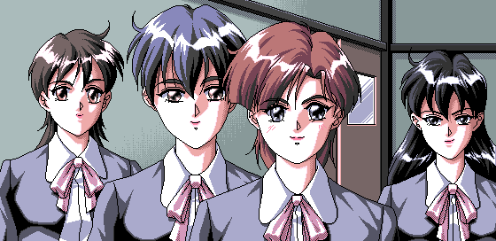 1990s_(style), 4bpp, 4girls, akiko_gold, aliasing, black_hair, blue_hair, brown_hair