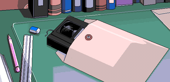 1990s_(style), akiko_gold, aliasing, book, desk, envelope, eraser, game_cg, indoors, manila_envelope, mechanical_pencil, no_humans, pc98, pencil, retro_artstyle, ruler, tagme, videocassette, yamamoto_masafumi