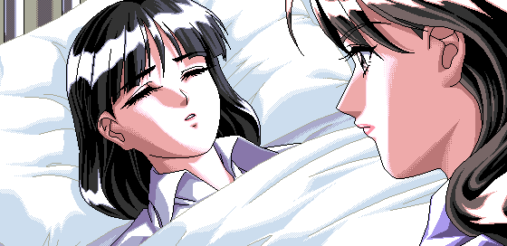 1990s_(style), 2girls, 4bpp, akiko_gold, aliasing, bed, black_hair, brown_hair, closed_eyes, endou_maiko, game_cg, indoors, long_hair, looking_at_another, multiple_girls, parted_lips, pc98, pillow, retro_artstyle, tagme, yagami_akiko, yamamoto_masafumi