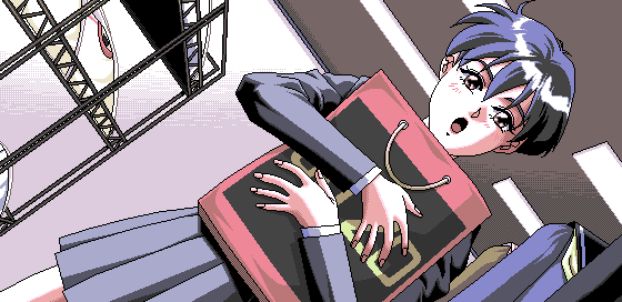 1990s_(style), 1girl, 4bpp, akiko_gold, aliasing, bag, ceiling, ceiling_light, cowboy_shot, dutch_angle, facing_viewer, female_focus, game_cg, indoors, looking_at_viewer, pc98, retro_artstyle, school_uniform, shopping_bag, short_hair, solo, standing, tagme, yamamoto_masafumi, yoshizawa_hitomi
