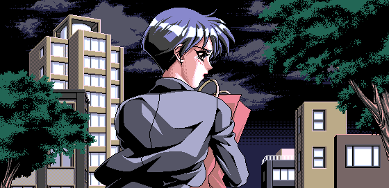 1990s_(style), 1girl, 4bpp, akiko_gold, aliasing, bag, building, cloud