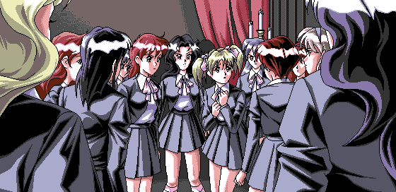 1990s_(style), 4bpp, 6+girls, akiko_gold, aliasing, black_hair, blonde_hair, brown_hair, candle, candlestand, character_request, cowboy_shot, curtains, feet_out_of_frame, game_cg, indoors, long_hair, multiple_girls, pc98, pink_legwear, pleated_skirt, retro_artstyle, school_uniform, short_hair, skirt, standing, yamamoto_masafumi, yoshino_reiko