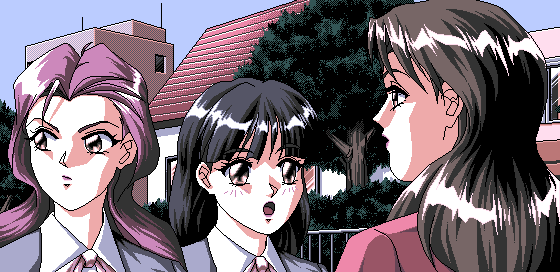 1990s_(style), 3girls, 4bpp, akiko_gold, aliasing, black_hair, brown_hair, day, endou_maiko, game_cg, house, long_hair, looking_away, mizuno_sayuri, multiple_girls, outdoors, pc98, purple_hair, retro_artstyle, school_uniform, standing, tagme, teacher, tree, upper_body, yagami_akiko, yamamoto_masafumi