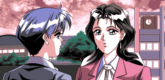 1990s_(style), 2girls, 4bpp, akiko_gold, aliasing, clock, cloud, earrings