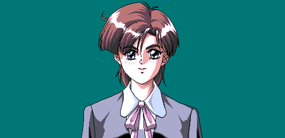 1990s_(style), 1girl, 4bpp, akiko_gold, aliasing, collared_shirt, facing_viewer, female_focus, game_cg, green_background, kitahara_ayano, looking_at_viewer, pc98, retro_artstyle, school_uniform, shirt, short_hair, simple_background, solo, upper_body, white_shirt, yamamoto_masafumi